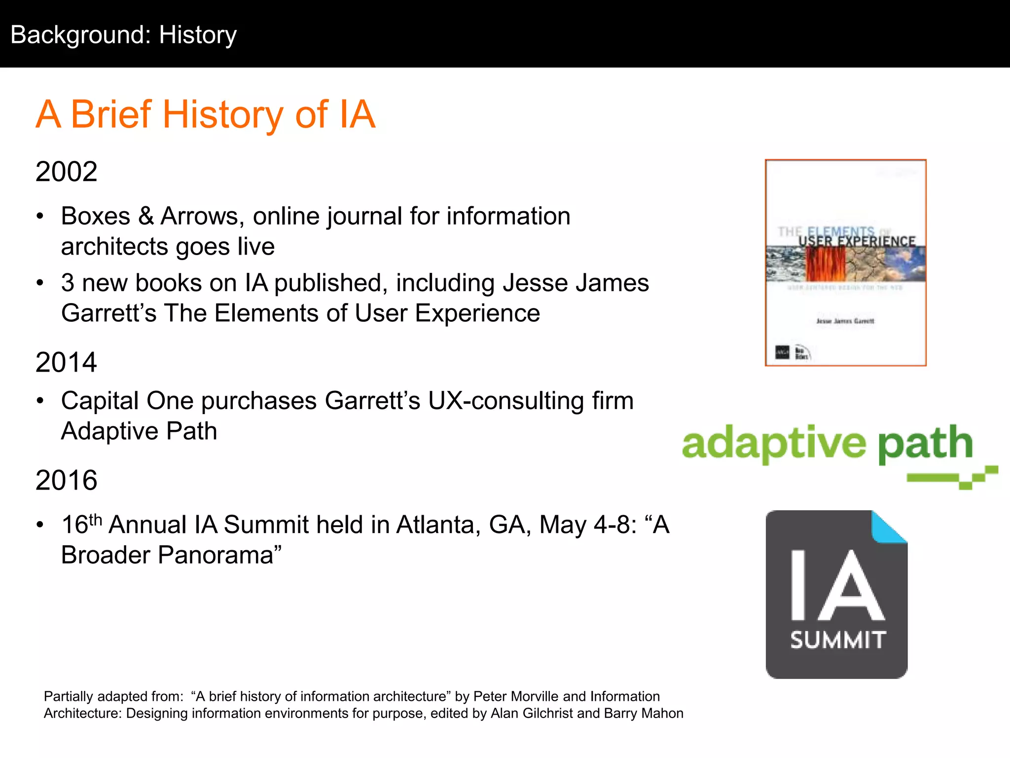 Partially adapted from: “A brief history of information architecture” by Peter Morville and Information
Architecture: Designing information environments for purpose, edited by Alan Gilchrist and Barry Mahon
A Brief History of IA
2002
• Boxes & Arrows, online journal for information
architects goes live
• 3 new books on IA published, including Jesse James
Garrett’s The Elements of User Experience
2014
• Capital One purchases Garrett’s UX-consulting firm
Adaptive Path
2016
• 16th Annual IA Summit held in Atlanta, GA, May 4-8: “A
Broader Panorama”
Background: History
 