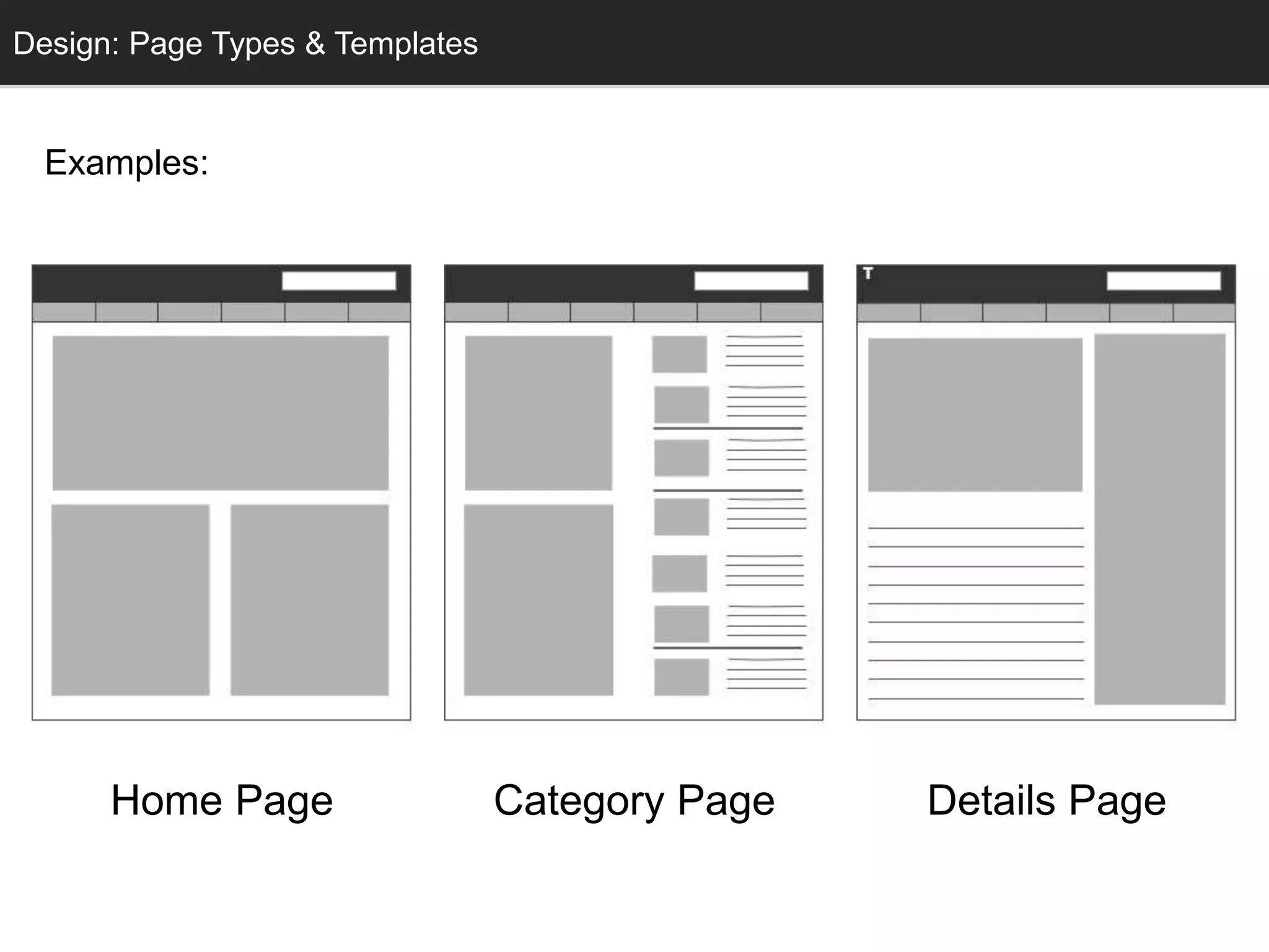 Home Page Category Page Details Page
Examples:
Design: Page Types & Templates
 