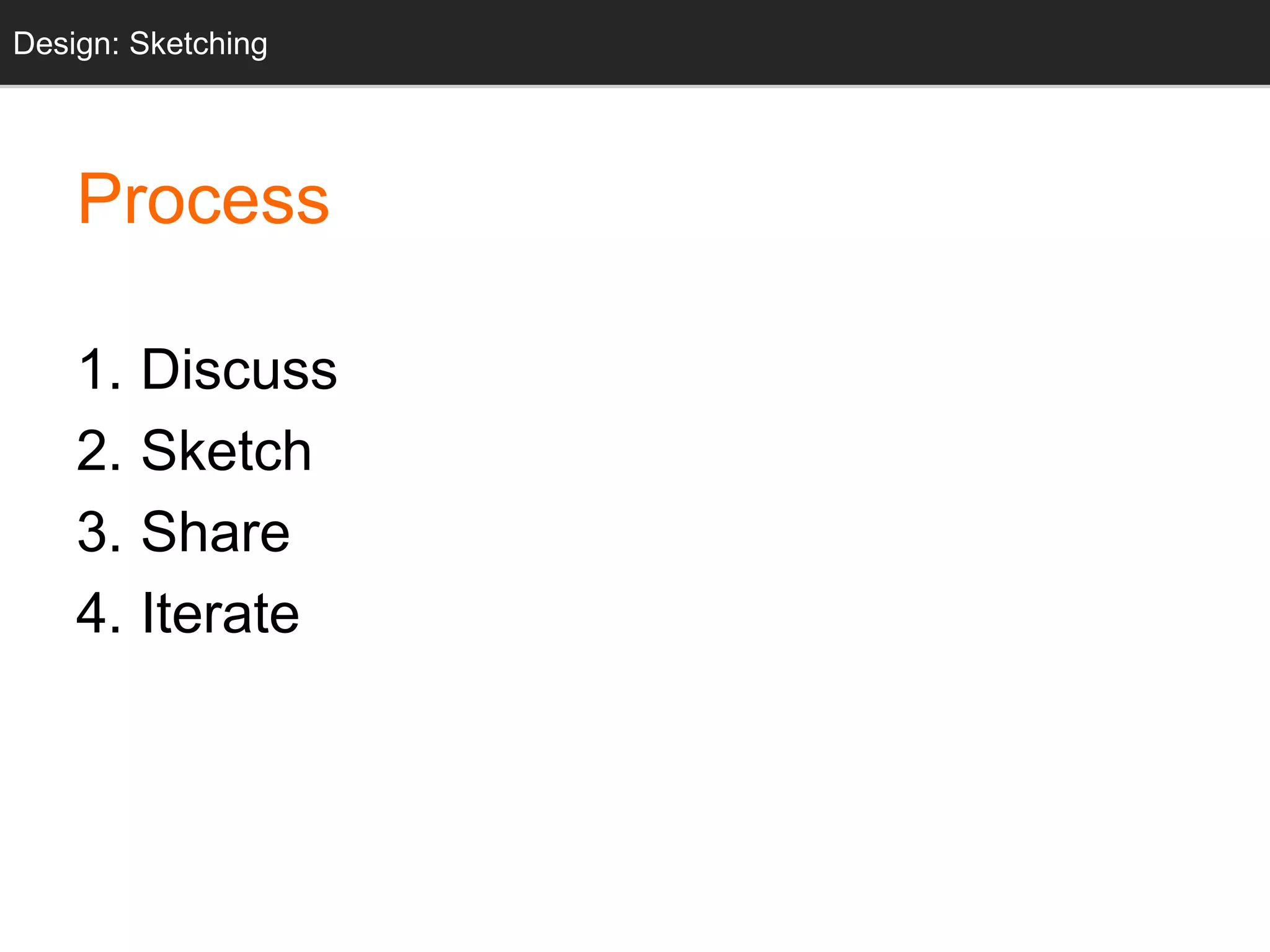 Process
1. Discuss
2. Sketch
3. Share
4. Iterate
Design: Sketching
 