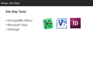 Conceptual DesignDesign: Site Maps
Site Map Tools:
• Omnigraffle (Mac)
• Microsoft Visio
• InDesign
 