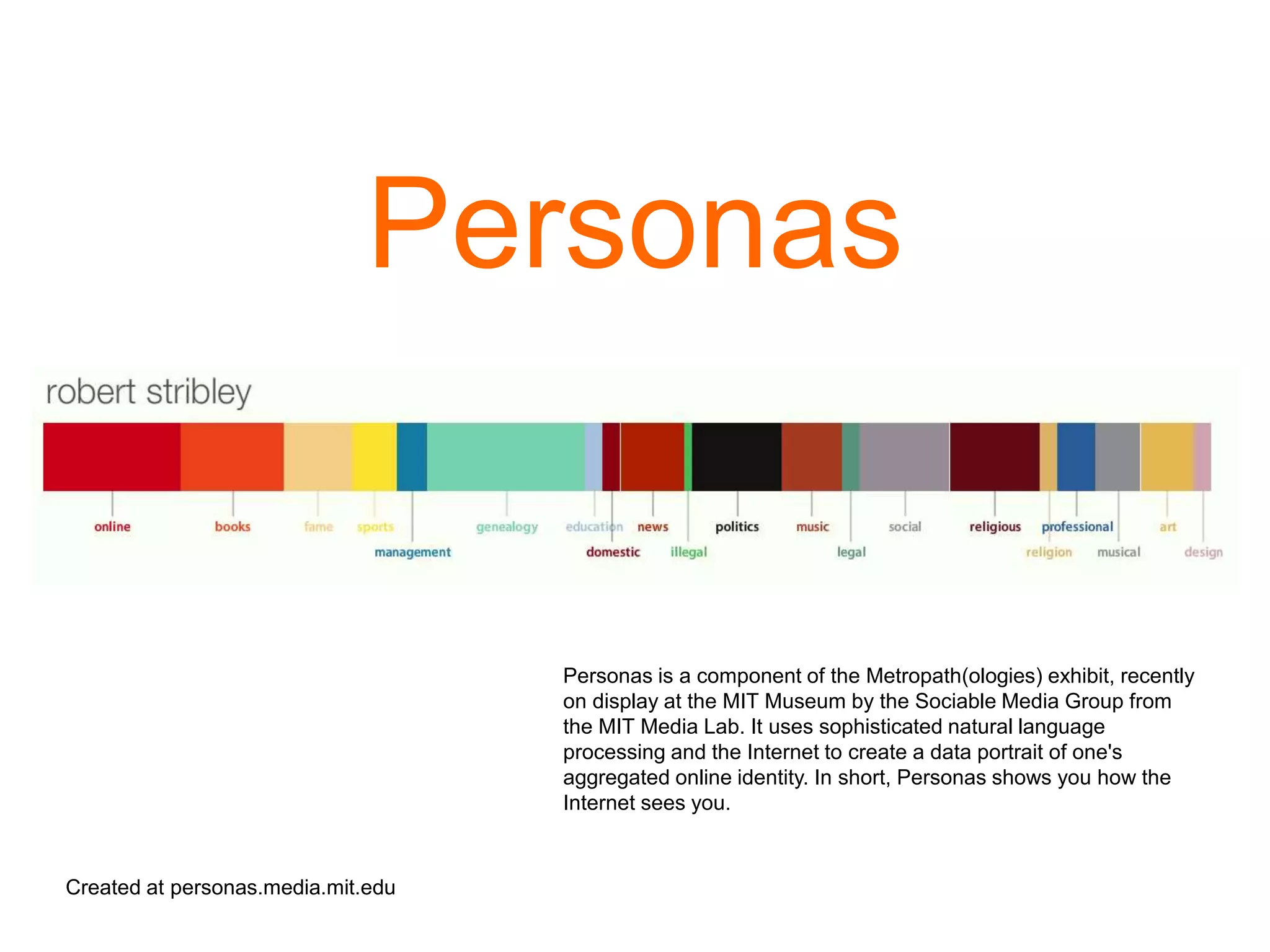 Personas
Created at personas.media.mit.edu
Personas is a component of the Metropath(ologies) exhibit, recently
on display at the MIT Museum by the Sociable Media Group from
the MIT Media Lab. It uses sophisticated natural language
processing and the Internet to create a data portrait of one's
aggregated online identity. In short, Personas shows you how the
Internet sees you.
 