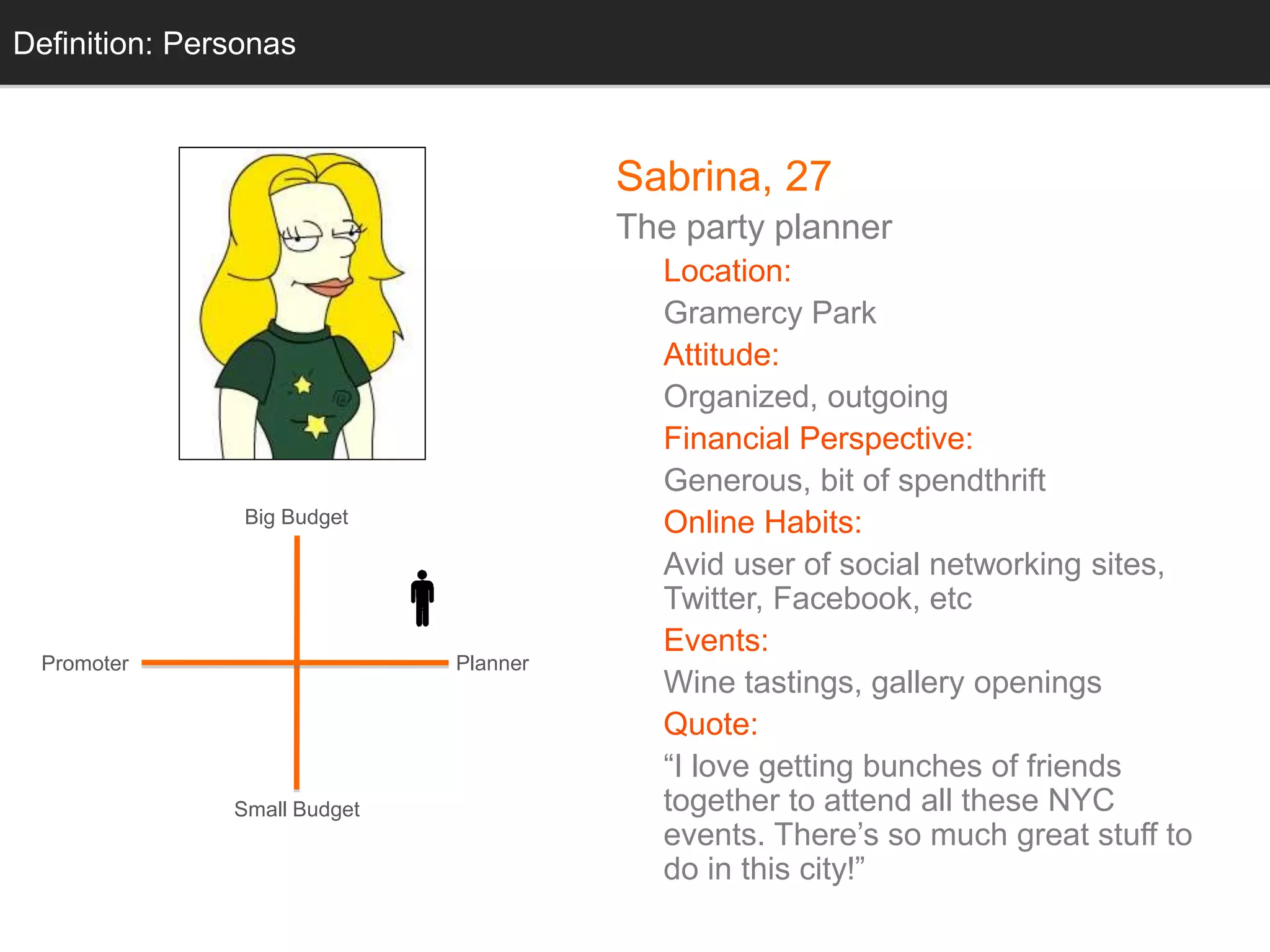 Sabrina, 27
The party planner
Location:
Gramercy Park
Attitude:
Organized, outgoing
Financial Perspective:
Generous, bit of spendthrift
Online Habits:
Avid user of social networking sites,
Twitter, Facebook, etc
Events:
Wine tastings, gallery openings
Quote:
“I love getting bunches of friends
together to attend all these NYC
events. There’s so much great stuff to
do in this city!”
Small Budget
Big Budget
PlannerPromoter
PersonasDefinition: Personas
 