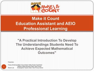 Make it Count
Education Assistant and AEIO
Professional Learning
"A Practical Introduction To Develop
The Understandings Students Need To
Achieve Expected Mathematical
Outcomes"
Presenters:

1

Tracey Armstrong Make It Count Swan Valley Cluster Coordinator
Getting it Right Numeracy Swan View Primary
Sharon Lee
Kindergarten Teacher Swan View Primary School

 
