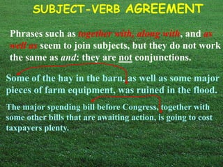 SUBJECT-VERB AGREEMENT
Phrases such as together with, along with, and as
well as seem to join subjects, but they do not work
the same as and: they are not conjunctions.
Some of the hay in the barn, as well as some major
pieces of farm equipment, was ruined in the flood.
The major spending bill before Congress, together with
some other bills that are awaiting action, is going to cost
taxpayers plenty.
 