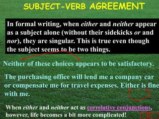 SUBJECT-VERB AGREEMENT
In formal writing, when either and neither appear
as a subject alone (without their sidekicks or and
nor), they are singular. This is true even though
the subject seems to be two things.
Neither of these choices appears to be satisfactory.
The purchasing office will lend me a company car
or compensate me for travel expenses. Either is fine
with me.
When either and neither act as correlative conjunctions,
however, life becomes a bit more complicated!
 