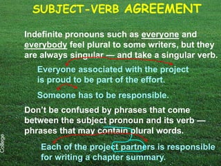 SUBJECT-VERB AGREEMENT

          Indefinite pronouns such as everyone and
          everybody feel plural to some writers, but they
          are always singular — and take a singular verb.
             Everyone associated with the project
             is proud to be part of the effort.
             Someone has to be responsible.
          Don’t be confused by phrases that come
          between the subject pronoun and its verb —
          phrases that may contain plural words.
College




              Each of the project partners is responsible
              for writing a chapter summary.
 