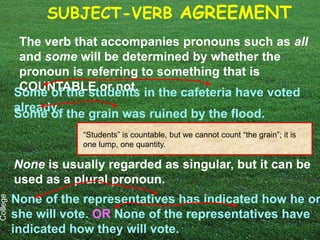 SUBJECT-VERB AGREEMENT
           The verb that accompanies pronouns such as all
           and some will be determined by whether the
           pronoun is referring to something that is
           COUNTABLE or not. in the cafeteria have voted
          Some of the students
          already.
          Some of the grain was ruined by the flood.
                     “Students” is countable, but we cannot count “the grain”; it is
                     one lump, one quantity.

          None is usually regarded as singular, but it can be
          used as a plural pronoun.
College




          None of the representatives has indicated how he or
          she will vote. OR None of the representatives have
          indicated how they will vote.
 