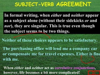 SUBJECT-VERB AGREEMENT

 In formal writing, when either and neither appear
 as a subject alone (without their sidekicks or and
 nor), they are singular. This is true even though
 the subject seems to be two things.

Neither of these choices appears to be satisfactory.
The purchasing office will lend me a company car
or compensate me for travel expenses. Either is fine
with me.
When either and neither act as correlative conjunctions,
however, life becomes a bit more complicated!
 