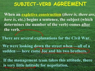 SUBJECT-VERB AGREEMENT

 When an expletive construction (there is, there are,
 here is, etc.) begins a sentence, the subject (which
 determines the number of the verb) comes after
 the verb.

There are several explanations for the Civil War.
We were looking down the street when —all of a
sudden — here come Joe and his two brothers.

If the management team takes this attitude, there
is very little latitude for negotiation.
 