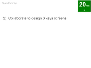 2) Collaborate to design 3 keys screens
Team Exercise
20min
s
 