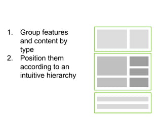 1. Group features
and content by
type
2. Position them
according to an
intuitive hierarchy
 