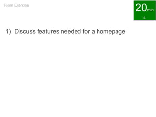 1) Discuss features needed for a homepage
Team Exercise
20min
s
 