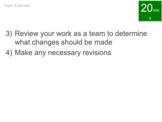 3) Review your work as a team to determine
what changes should be made
4) Make any necessary revisions
Team Exercise
20min
s
 