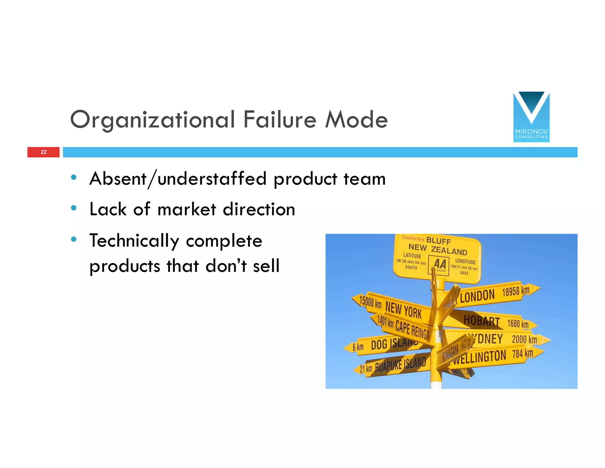 Organizational Failure Mode
22
•  Absent/understaffed product team
•  Lack of market direction
•  Technically complete
products that don’t sell
 