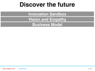 www.rallydev.com @zachnies! ©2013!
Discover the future!
Business Model!
Vision and Empathy!
Innovation Sandbox!
 