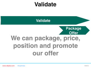 www.rallydev.com @zachnies! ©2013!
Validate!
Package
Offer!
We can package, price,
position and promote 
our offer!
Validate!
 