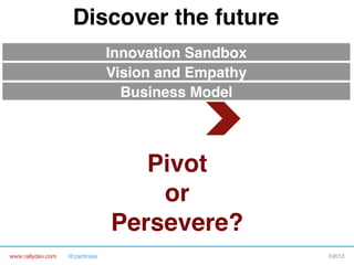 www.rallydev.com @zachnies! ©2013!
Discover the future!
Business Model!
Vision and Empathy!
Pivot 
or 
Persevere?!
Innovation Sandbox!
 