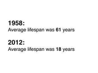 www.rallydev.com @zachnies! ©2013!
1958: !
Average lifespan was 61 years!
!
2012: !
Average lifespan was 18 years!
 