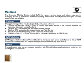 The Enterprise Mobility Division asked SVAM to improve service levels and reduce expenses in
managing a suite of applications and the supporting infrastructure. SVAM provides managed services
teams onsite and offshore.
 Challenge
The applications portfolio includes disparate but integrated solutions:
 Dispatch for Windows (DFW), a group of custom applications, serves as the customer interface for
   accessing Motorola’s service functions
 ViryaNet, a COTS solution that provides Customer Service
 Clarify, a CRM application for Service Center and Field Service
 Actuate, Centralized Reporting for the Enterprise Performance
 Production Support, including System Admin, Network Engineering, and DB Admin

 SVAM’s Solution
SVAM applied its CorrectShoreSM model to staff a distributed team onsite and offshore to deliver ADM
and infrastructure services at a very attractive price while delivering top flight service.
 Results
The applications suite has an unrivaled reputation with Motorola’s business leaders and customers for
creating high service levels.
 