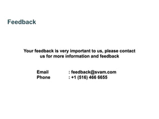 Your feedback is very important to us, please contact
        us for more information and feedback


      Email          : feedback@svam.com
      Phone          : +1 (516) 466 6655
 
