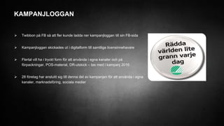 KAMPANJLOGGAN
 Twibbon på FB så att fler kunde ladda ner kampanjloggan till sin FB-sida
 Kampanjloggan skickades ut i digitalform till samtliga licensinnehavare
 Flertal vill ha i tryckt form för att använda i egna kanaler och på
förpackningar, POS-material, DR-utskick – tas med i kampanj 2016
 28 företag har anslutit sig till denna del av kampanjen för att använda i egna
kanaler, marknadsföring, sociala medier
 