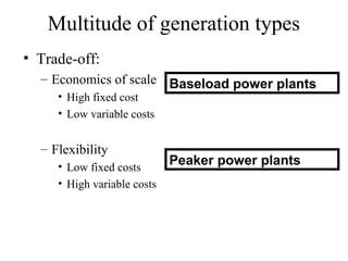 Multitude of generation types
• Trade-off:
  – Economics of scale Baseload power plants
     • High fixed cost
     • Low variable costs


  – Flexibility
     • Low fixed costs       Peaker power plants
     • High variable costs
 
