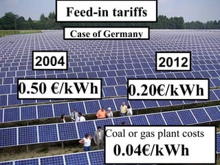 Feed-in tariffs
         Case of Germany

  2004                      2012
0.50 €/kWh           0.20€/kWh

                Coal or gas plant costs
                 0.04€/kWh
 