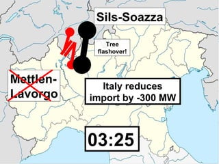 Sils-Soazza

               Tree
            flashover!



Mettlen-
             Italy reduces
Lavorgo    import by -300 MW



           03:25
           03:21
 