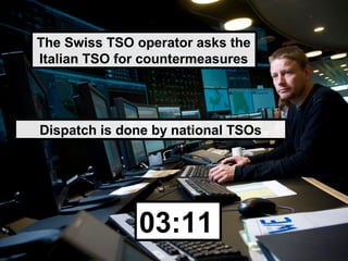 The Swiss TSO operator asks the
Italian TSO for countermeasures




Dispatch is done by national TSOs




              03:11
 