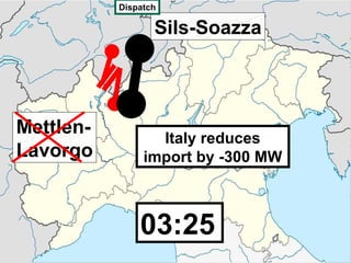 Dispatch

                  Sils-Soazza




Mettlen-
                  Italy reduces
Lavorgo         import by -300 MW



               03:25
               03:21
 