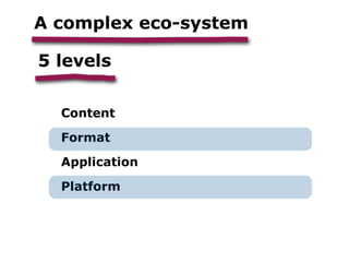 A complex eco-system

5 levels

  Content

  Format

  Application

  Platform
 