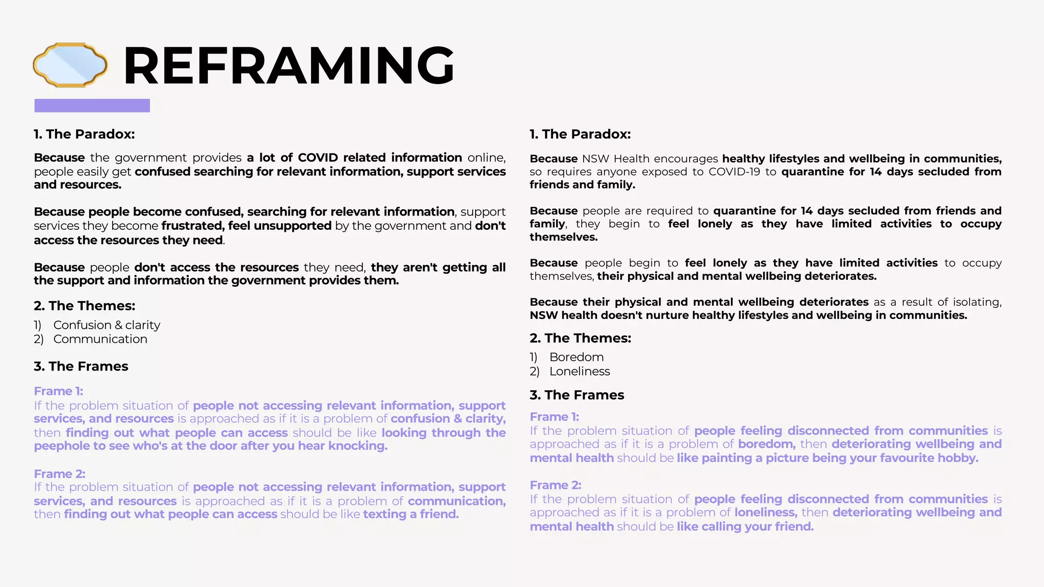 REFRAMING
1. The Paradox:
Because the government provides a lot of COVID related information online,
people easily get confused searching for relevant information, support services
and resources.
Because people become confused, searching for relevant information, support
services they become frustrated, feel unsupported by the government and don't
access the resources they need.
Because people don't access the resources they need, they aren't getting all
the support and information the government provides them.
2. The Themes:
1) Confusion & clarity
2) Communication
Frame 1:
If the problem situation of people not accessing relevant information, support
services, and resources is approached as if it is a problem of confusion & clarity,
then finding out what people can access should be like looking through the
peephole to see who's at the door after you hear knocking.
Frame 2:
If the problem situation of people not accessing relevant information, support
services, and resources is approached as if it is a problem of communication,
then finding out what people can access should be like texting a friend.
3. The Frames
1. The Paradox:
Because NSW Health encourages healthy lifestyles and wellbeing in communities,
so requires anyone exposed to COVID-19 to quarantine for 14 days secluded from
friends and family.
Because people are required to quarantine for 14 days secluded from friends and
family, they begin to feel lonely as they have limited activities to occupy
themselves.
Because people begin to feel lonely as they have limited activities to occupy
themselves, their physical and mental wellbeing deteriorates.
Because their physical and mental wellbeing deteriorates as a result of isolating,
NSW health doesn't nurture healthy lifestyles and wellbeing in communities.
2. The Themes:
1) Boredom
2) Loneliness
Frame 1:
If the problem situation of people feeling disconnected from communities is
approached as if it is a problem of boredom, then deteriorating wellbeing and
mental health should be like painting a picture being your favourite hobby.
Frame 2:
If the problem situation of people feeling disconnected from communities is
approached as if it is a problem of loneliness, then deteriorating wellbeing and
mental health should be like calling your friend.
3. The Frames
 