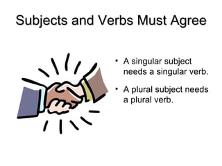Subjects and Verbs Must Agree
Subjects and Verbs Must Agree
• A singular subject
needs a singular verb.
• A plural subject needs
a plural verb.
 