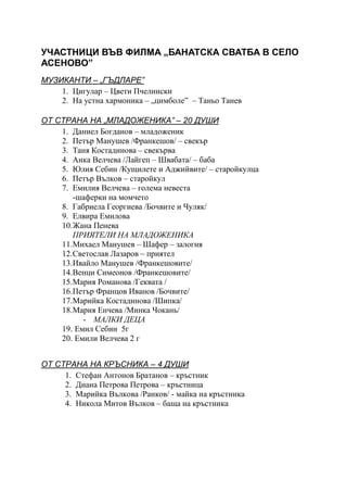 УЧАСТНИЦИ ВЪВ ФИЛМА „БАНАТСКА СВАТБА В СЕЛО
АСЕНОВО”
МУЗИКАНТИ – „ГЪДЛАРЕ”
1. Цигулар – Цвети Пчелински
2. На устна хармоника – „цимболе” – Таньо Танев
ОТ СТРАНА НА „МЛАДОЖЕНИКА” – 20 ДУШИ
1. Даниел Богданов – младоженик
2. Петър Манушев /Франкешов/ – свекър
3. Таня Костадинова – свекърва
4. Анка Велчева /Лайгеп – Швабата/ – баба
5. Юлия Себин /Кущилете и Аджийвите/ – старойкулца
6. Петър Вълков – старойкул
7. Емилия Велчева – голема невеста
-шаферки на момчето
8. Габриела Георгиева /Бочвите и Чуляк/
9. Елвира Емилова
10.Жана Пенева
ПРИЯТЕЛИ НА МЛАДОЖЕНИКА
11.Михаел Манушев – Шафер – залогня
12.Светослав Лазаров – приятел
13.Ивайло Манушев /Франкешовите/
14.Венци Симеонов /Франкешовите/
15.Мария Романова /Геквата /
16.Петър Францов Иванов /Бочвите/
17.Марийка Костадинова /Шипка/
18.Мария Енчева /Минка Чокань/
- МАЛКИ ДЕЦА
19. Емил Себин 5г
20. Емили Велчева 2 г
ОТ СТРАНА НА КРЪСНИКА – 4 ДУШИ
1. Стефан Антонов Братанов – кръстник
2. Диана Петрова Петрова – кръстница
3. Марийка Вълкова /Ранков/ - майка на кръстника
4. Никола Митов Вълков – баща на кръстника
 
