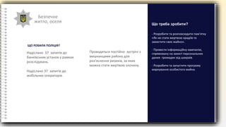 Безпечне
житло, оселя
- Розробити та розповсюдити пам’ятку
«Як не стати жертвою крадіїв та
захистити своє майно».
- Провести інформаційну кампанію,
спрямовану на захист персональних
даних громадян від шахраїв.
- Розробити та запустити програму
маркування особистого майна.
Що треба зробити?
Надіслано 37 запитів до
банківських установ у рамках
розслідувань.
Надіслано 37 запитів до
мобільних операторів.
ЩО РОБИЛА ПОЛІЦІЯ?
Проводяться постійно зустрічі з
мешканцями району для
роз’яснення ризиків, за яких
можна стати жертвою злочину.
 