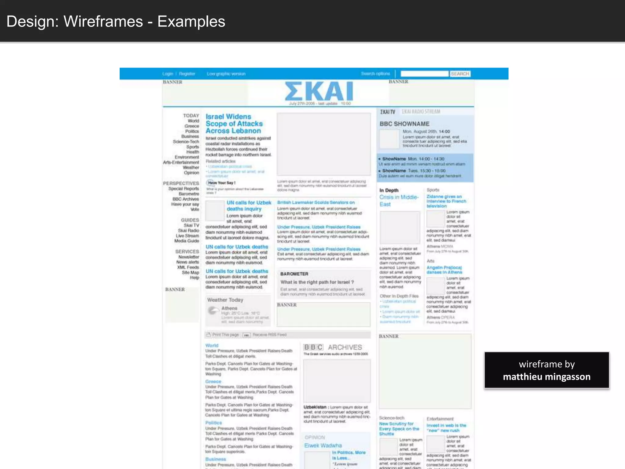 Design: Wireframes - Examples
  Design: Sketching




                                   wireframe by
                                matthieu mingasson
 