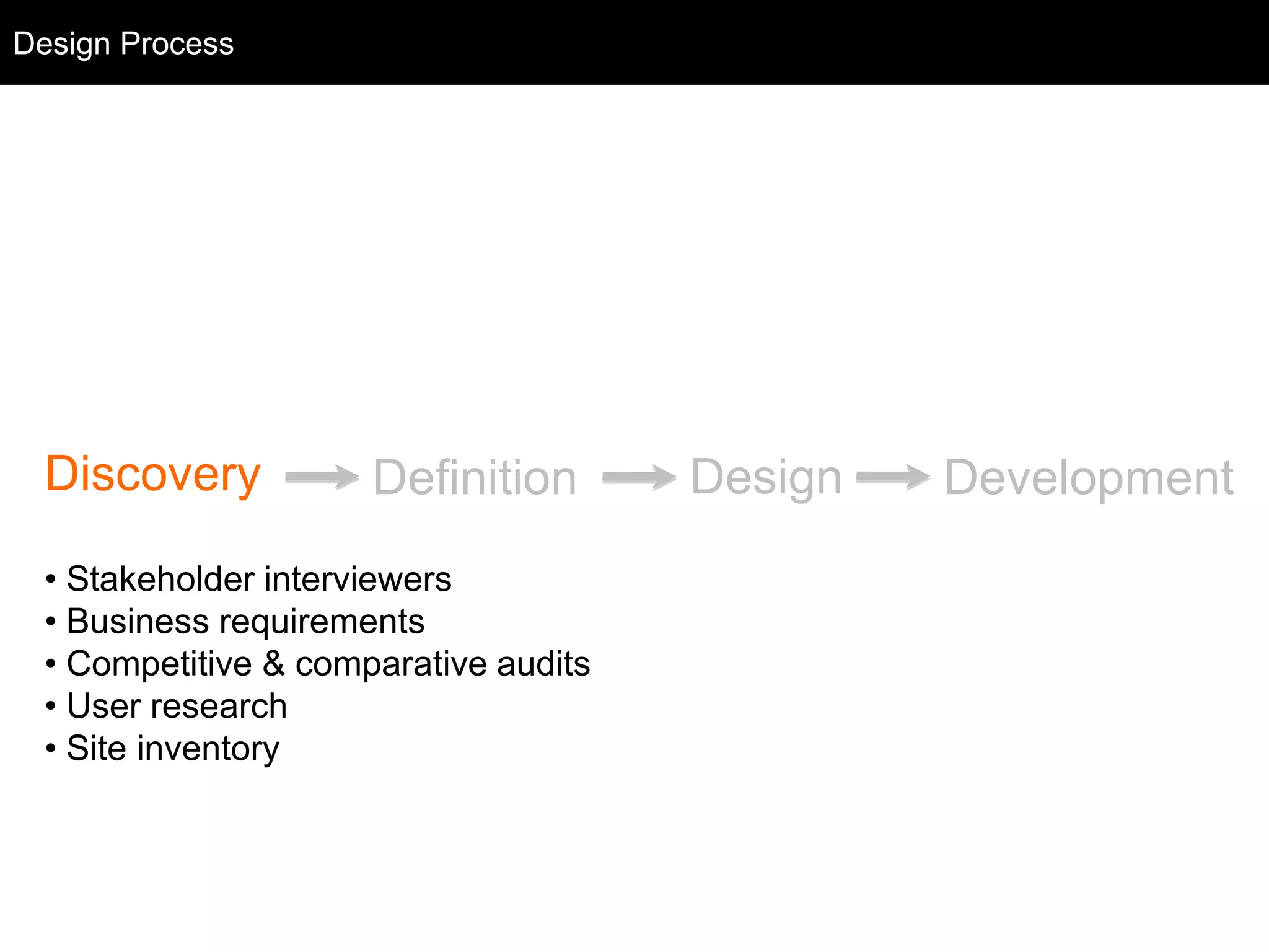 Design Process
  Design Process




  Discovery           Definition       Design   Development
  • Stakeholder interviewers
  • Business requirements
  • Competitive & comparative audits
  • User research
  • Site inventory
 