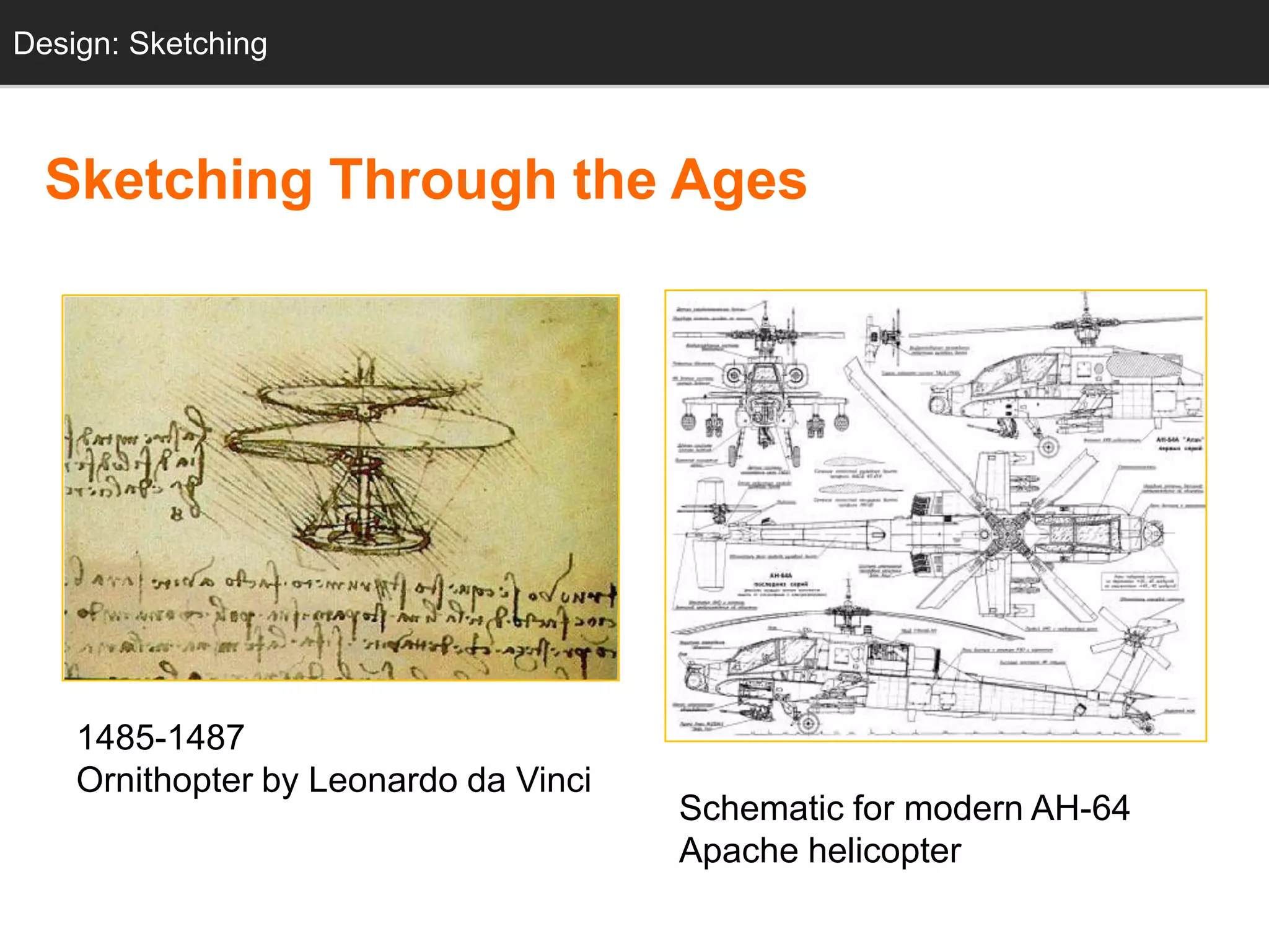 Design: Sketching



  Sketching Through the Ages




    1485-1487
    Ornithopter by Leonardo da Vinci
                                       Schematic for modern AH-64
                                       Apache helicopter
 