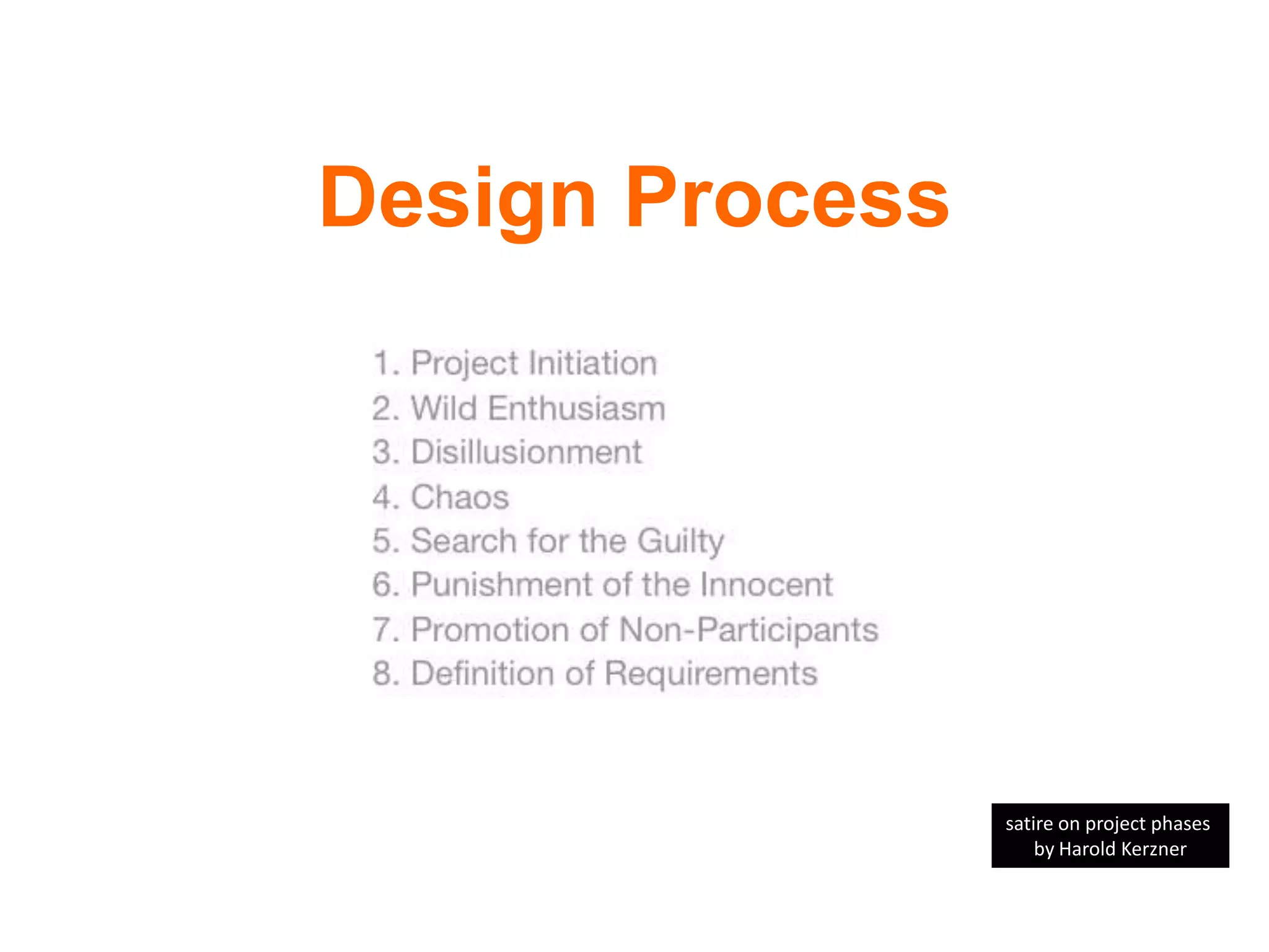 Design Process




                 satire on project phases
                     by Harold Kerzner
 