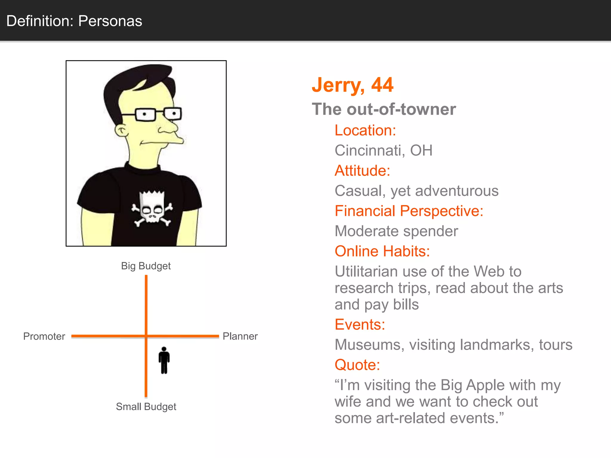 Definition: Personas



                                         Jerry, 44
                                         The out-of-towner
                                           Location:
                                           Cincinnati, OH
                                           Attitude:
                                           Casual, yet adventurous
                                           Financial Perspective:
                                           Moderate spender
                                           Online Habits:
                 Big Budget
                                           Utilitarian use of the Web to
                                           research trips, read about the arts
                                           and pay bills
                                           Events:
  Promoter                     Planner
                                           Museums, visiting landmarks, tours
                                           Quote:
                                           ―I‘m visiting the Big Apple with my
                Small Budget               wife and we want to check out
                                           some art-related events.‖
 
