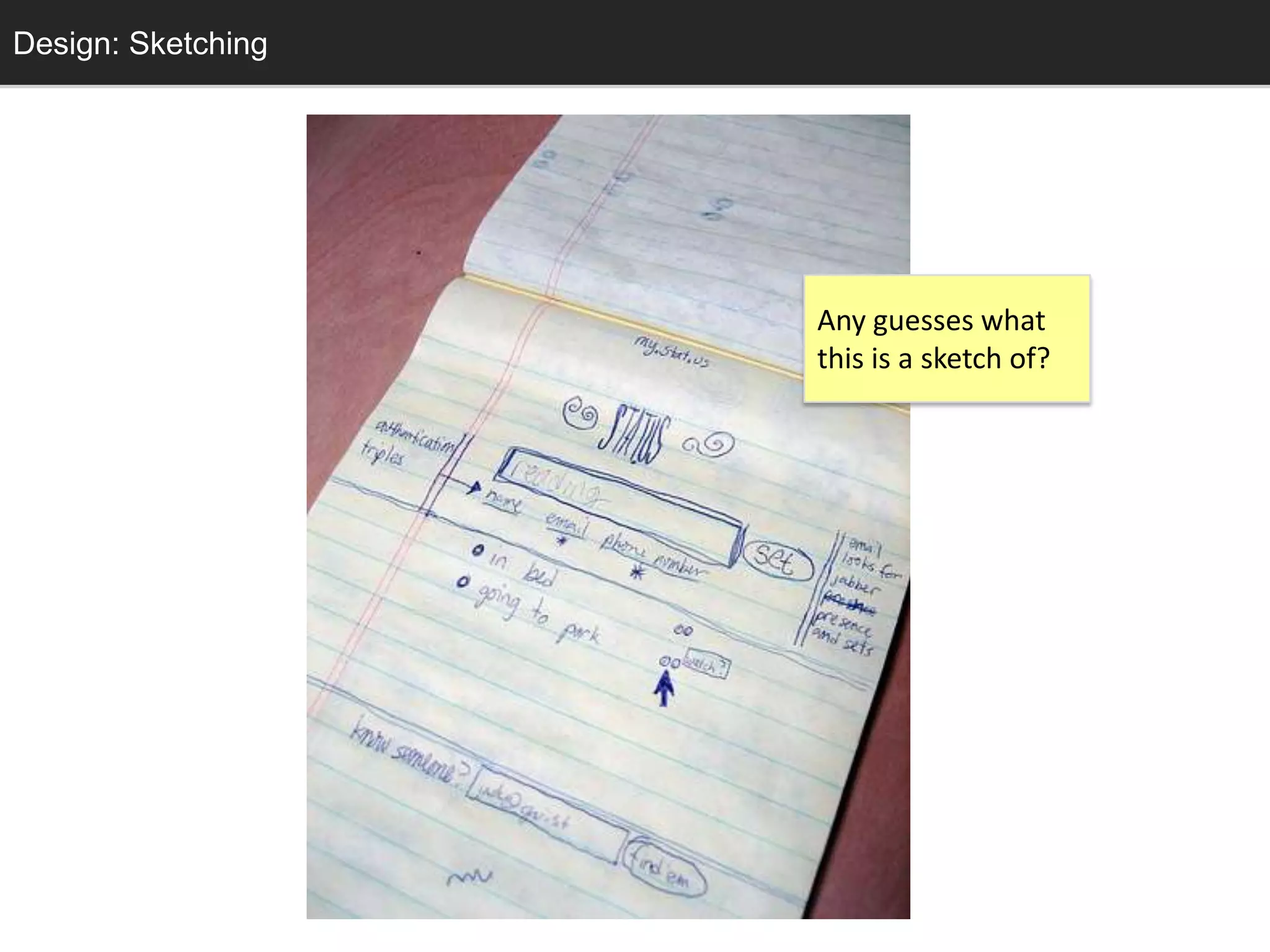 Design: Sketching
  Sketching




                    Any guesses what
                    this is a sketch of?
 