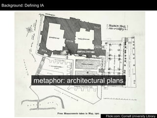 Background: Defining IA
  Design Process




                 metaphor: architectural plans



                                        Flickr.com: Cornell University Library
 