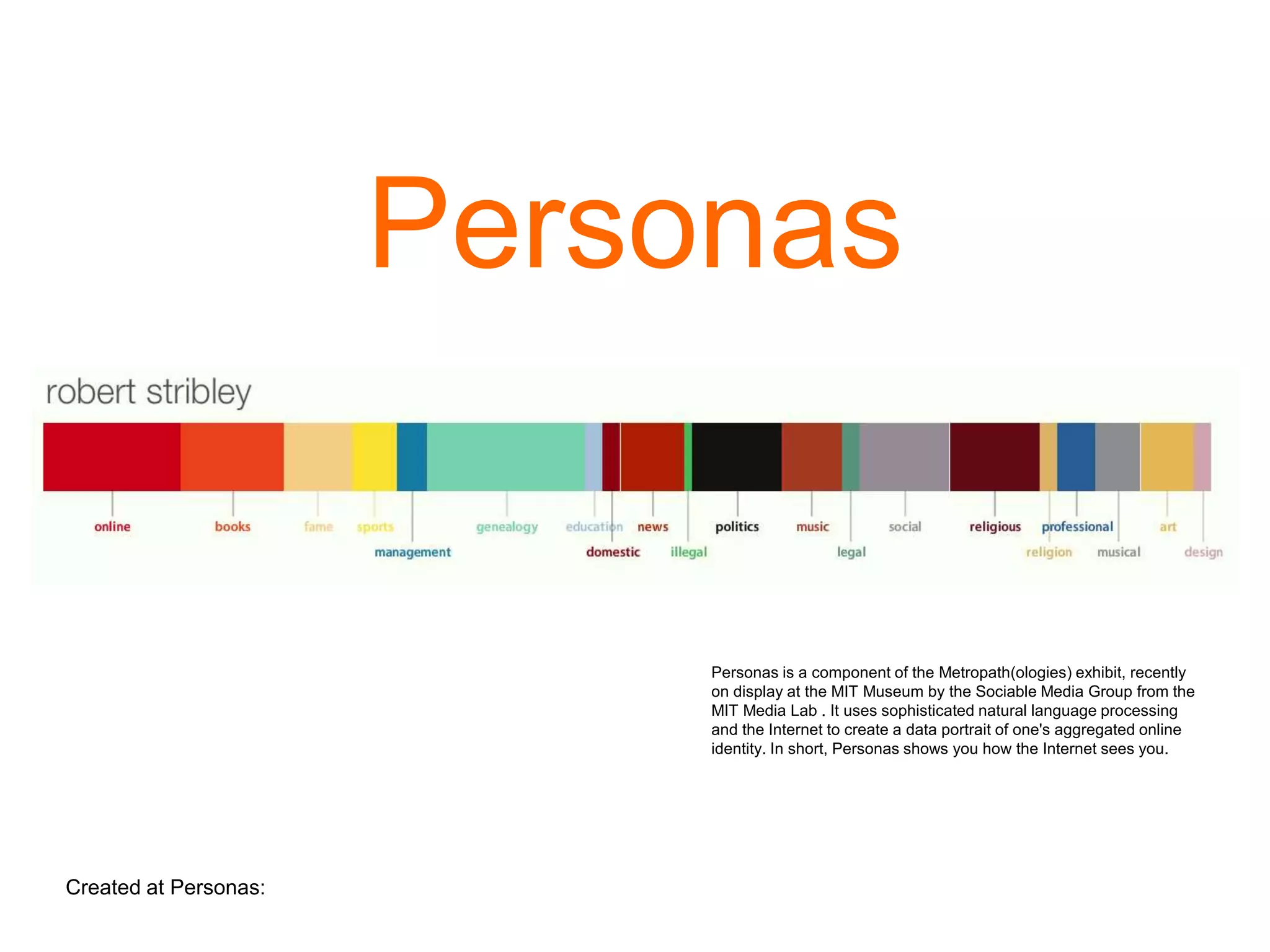 Personas
Created at Personas: http://personas.media.mit.edu
Personas is a component of the Metropath(ologies) exhibit, recently
on display at the MIT Museum by the Sociable Media Group from the
MIT Media Lab . It uses sophisticated natural language processing
and the Internet to create a data portrait of one's aggregated online
identity. In short, Personas shows you how the Internet sees you.
 