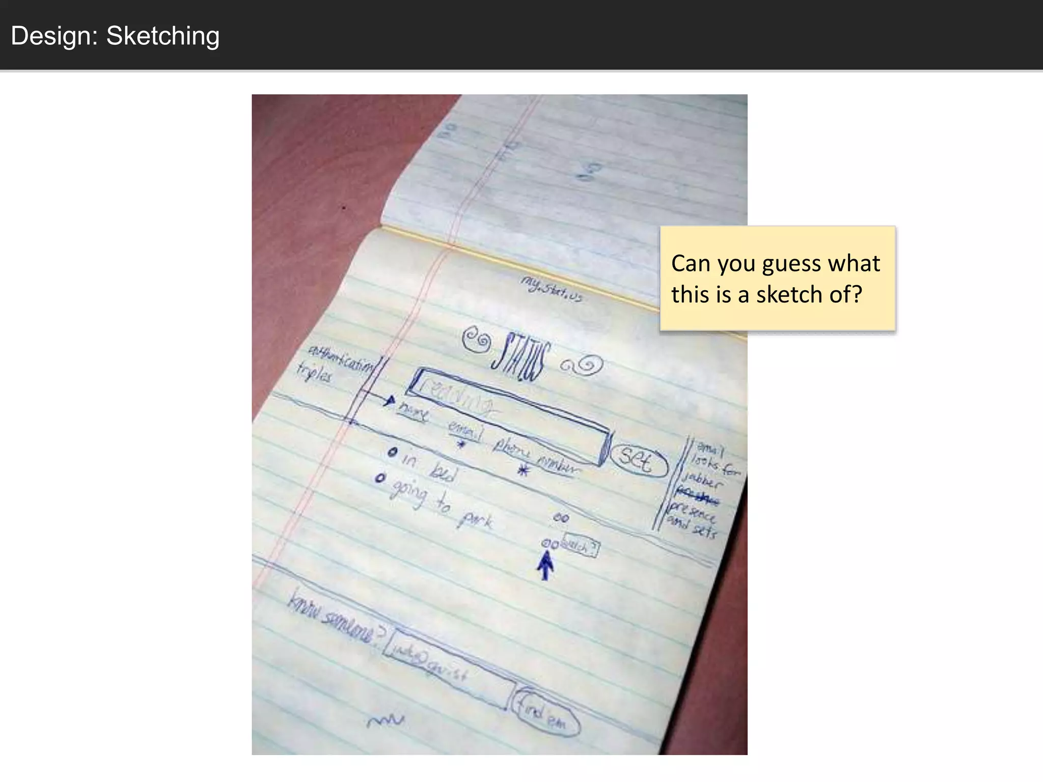 Sketching
Can you guess what
this is a sketch of?
Design: Sketching
 