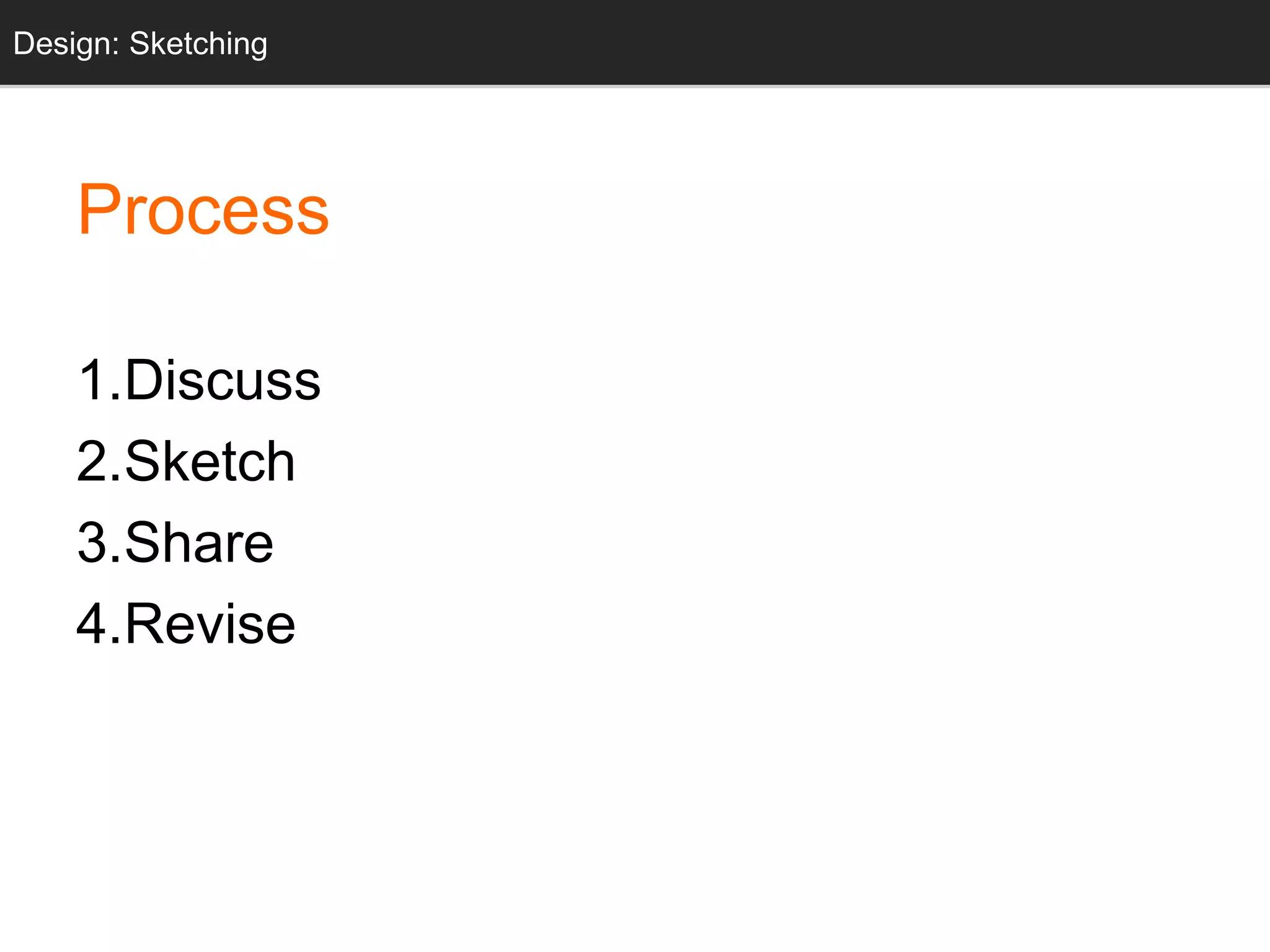 Sketching
Process
1.Discuss
2.Sketch
3.Share
4.Revise
Design: Sketching
 