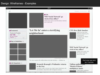 Design: Wireframes - Examples
  Design: Sketching




                                iPad news app wire
                                   by F. Yamada
 