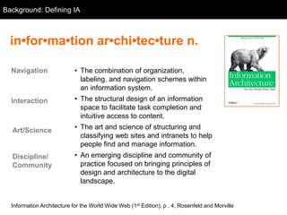 Background: Defining IA
  Background



  in•for•ma•tion ar•chi•tec•ture n.

  Navigation                • The combination of organization,
                              labeling, and navigation schemes within
                              an information system.
  Interaction               • The structural design of an information
                              space to facilitate task completion and
                              intuitive access to content.

  Art/Science               • The art and science of structuring and
                              classifying web sites and intranets to help
                              people find and manage information.
  Discipline/               • An emerging discipline and community of
  Community                   practice focused on bringing principles of
                              design and architecture to the digital
                              landscape.


  Information Architecture for the World Wide Web (1st Edition), p . 4, Rosenfeld and Morville
 
