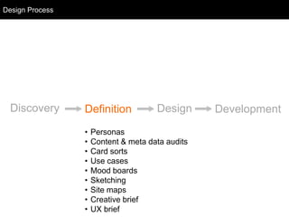 Design Process
  Design Process




  Discovery        Definition           Design      Development
                   •   Personas
                   •   Content & meta data audits
                   •   Card sorts
                   •   Use cases
                   •   Mood boards
                   •   Sketching
                   •   Site maps
                   •   Creative brief
                   •   UX brief
 