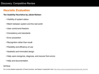 Discovery: Competitive Review
  Competitive Review

  Heuristic Evaluation
  Ten Usability Heuristics by Jakob Nielsen

      • Visibility of system status

      • Match between system and the real world

      • User control and freedom

      • Consistency and standards

      • Error prevention

      • Recognition rather than recall

      • Flexibility and efficiency of use

      • Aesthetic and minimalist design

      • Help users recognize, diagnose, and recover from errors

      • Help and documentation

  Self Study:

  For a more detailed explanation of these heuristics, see Nielsen‘s explanation here: http://www.useit.com/papers/heuristic/heuristic_list.html
 