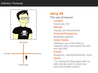Definition: Personas



                                         Jerry, 44
                                         The out-of-towner
                                           Location:
                                           Cincinnati, OH
                                           Attitude:
                                           Casual, yet adventurous
                                           Financial Perspective:
                                           Moderate spender
                                           Online Habits:
                 Big Budget
                                           Utilitarian use of the Web to
                                           research trips, read about the arts
                                           and pay bills
                                           Events:
  Promoter                     Planner
                                           Museums, visiting landmarks, tours
                                           Quote:
                                           ―I‘m visiting the Big Apple with my
                Small Budget               wife and we want to check out
                                           some art-related events.‖
 